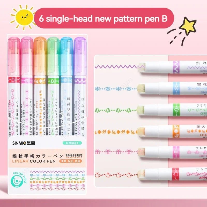 6Pcs/Set Flower Line Shape Highlighter Pen Roller Tip Curve Liner Marker Kawaii Korean Stationery School Office Supplies Gifts - Trend Vibes - 