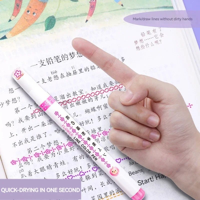 6Pcs/Set Flower Line Shape Highlighter Pen Roller Tip Curve Liner Marker Kawaii Korean Stationery School Office Supplies Gifts - Trend Vibes - 