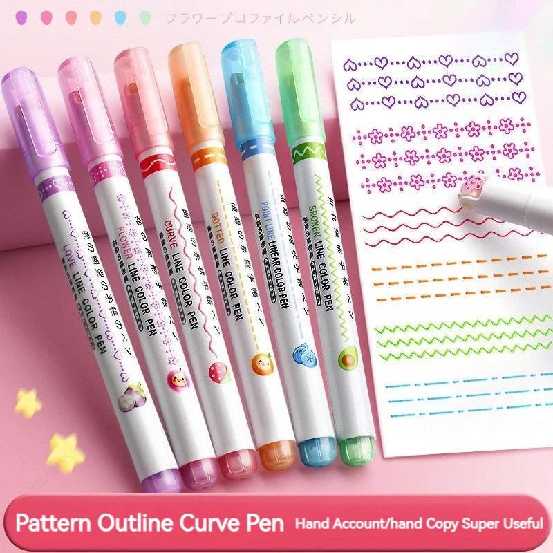 6Pcs/Set Flower Line Shape Highlighter Pen Roller Tip Curve Liner Marker Kawaii Korean Stationery School Office Supplies Gifts - Trend Vibes - 