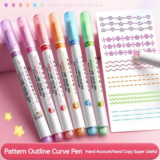 6Pcs/Set Flower Line Shape Highlighter Pen Roller Tip Curve Liner Marker Kawaii Korean Stationery School Office Supplies Gifts - Trend Vibes - 