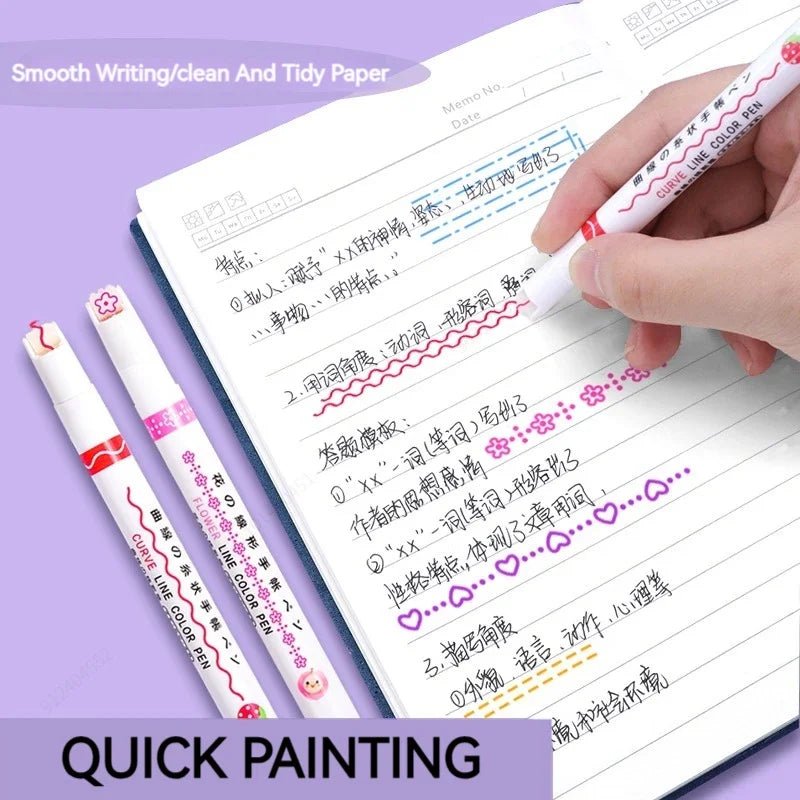 6Pcs/Set Flower Line Shape Highlighter Pen Roller Tip Curve Liner Marker Kawaii Korean Stationery School Office Supplies Gifts - Trend Vibes - 