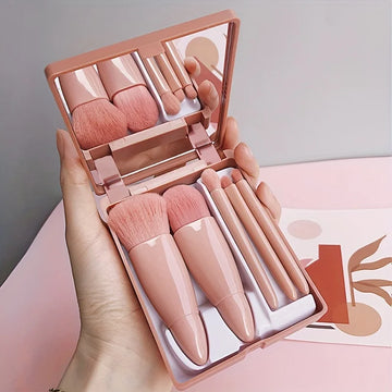 Conjunto de pincéis de maquiagem portáteis com 5 peças e espelho - Kit de viagem dobrável, Mini conjunto de pincéis de maquiagem para viagem
