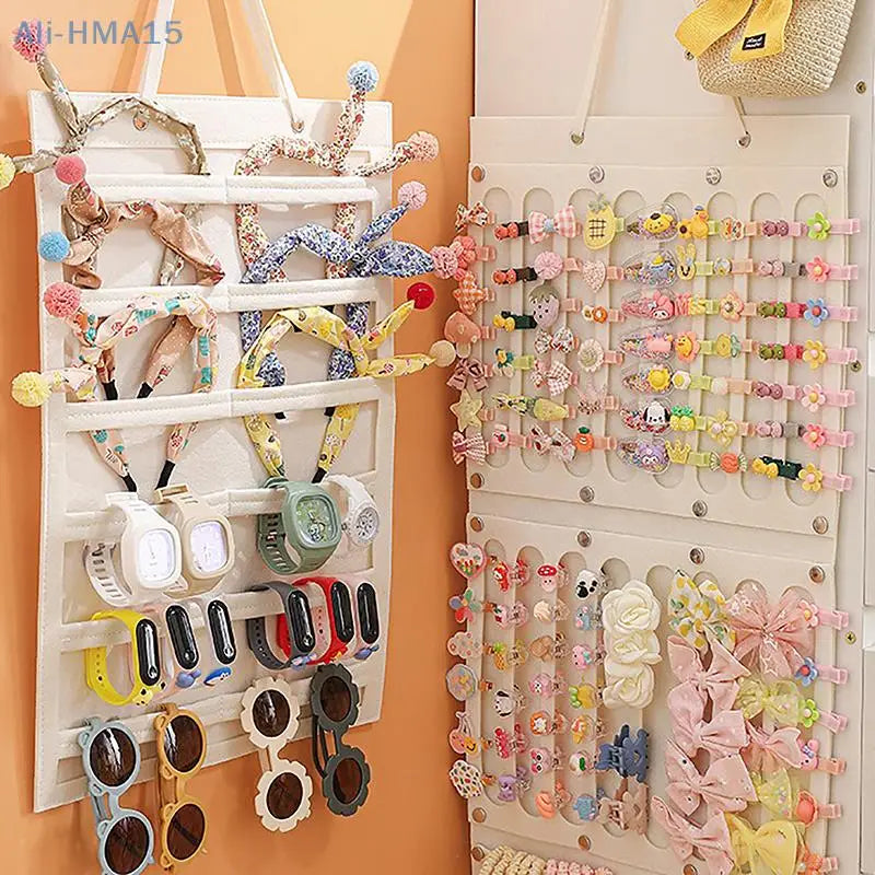 Organizador de grampos de cabelo com laços para pendurar na parede, grande capacidade, suporte para faixa de cabeça para meninas, óculos de sol, cabide para armazenamento doméstico, acessório que economiza espaço
