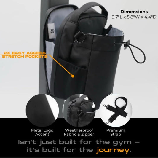 Bolsa MagPouch™ com bolsos elásticos duplos, tecido impermeável, fecho resistente e alça premium. Mostra os detalhes técnicos e acabamento de qualidade.